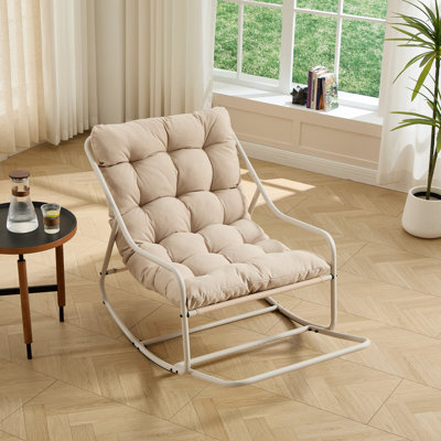 Outdoor Rocking Chair, Comfy Cushion, With Soft Thick Cushion,For Living Room, Bedroom, Reading Room, Beige Frame With Beige Cushion