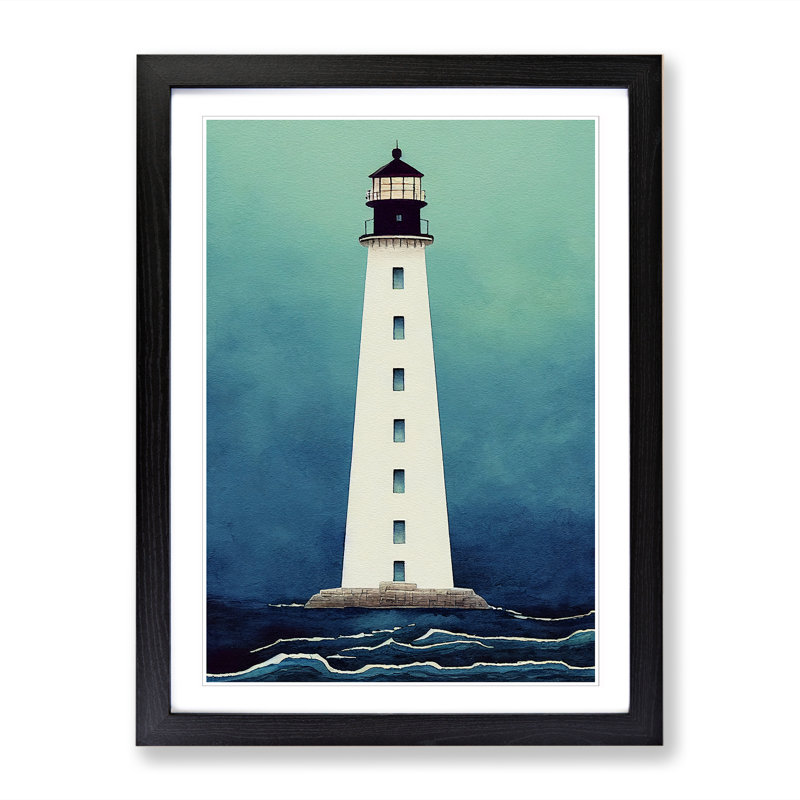 Watercolour Lighthouse - Single Picture Frame Print, 64cm H x 46cm W x 2cm D, Walnut