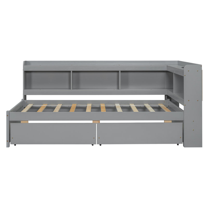 Lit simple en forme de L avec bibliothèques avec prises de courant, ports de chargement USB, deux tiroirs