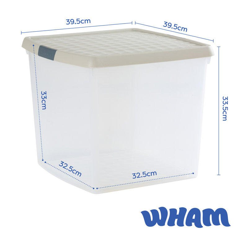 Wham Clip 37L Square Plastic Storage Boxes with Secure Clip Lock Lids. L:39.5 x W:39.5 x H:33.5cm Clear/Stone/Slate Grey