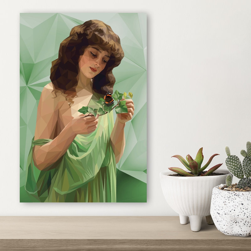 Contemplative Woman Butterfly Elegant Ethereal Geometric Butterfly Ivy Nature Portrait Wall Art Print 1 Piece Wrapped Canvas Wall Art