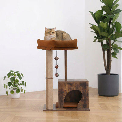 Grattoir contemporain pour chat avec colonne carrée, arbre à chat en bois massif, avec boules en silvervine, griffoir rétro pour chat