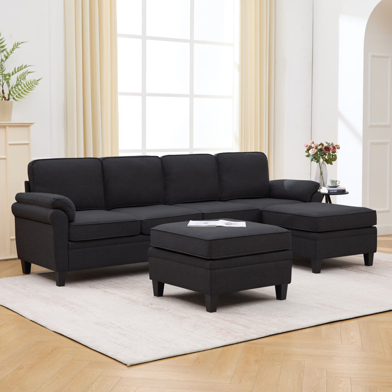 Canapé d'angle modulaire Cloud 102 pouces (259 cm) - 144 cm (L) x 87 cm (P) x 87 cm (H) - Mélange de lin - Noir - Avec rangement sous l'assise