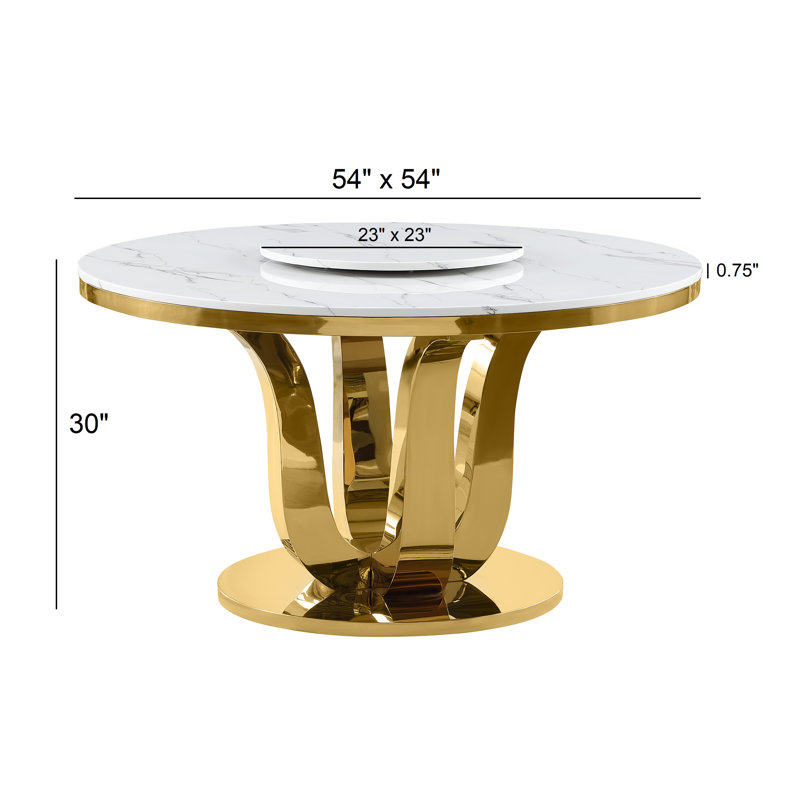 Round White Marble Dining Table with Gold Stainless Steel Base and Lazy Susan
