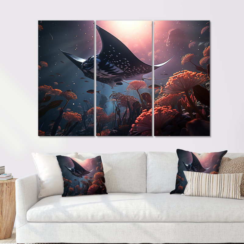 «Manta Rays Drifters Landscape I - Coastal Coral Under Water», ensemble d'art sur toile, H 40 po x l 60 po, Toile tendue