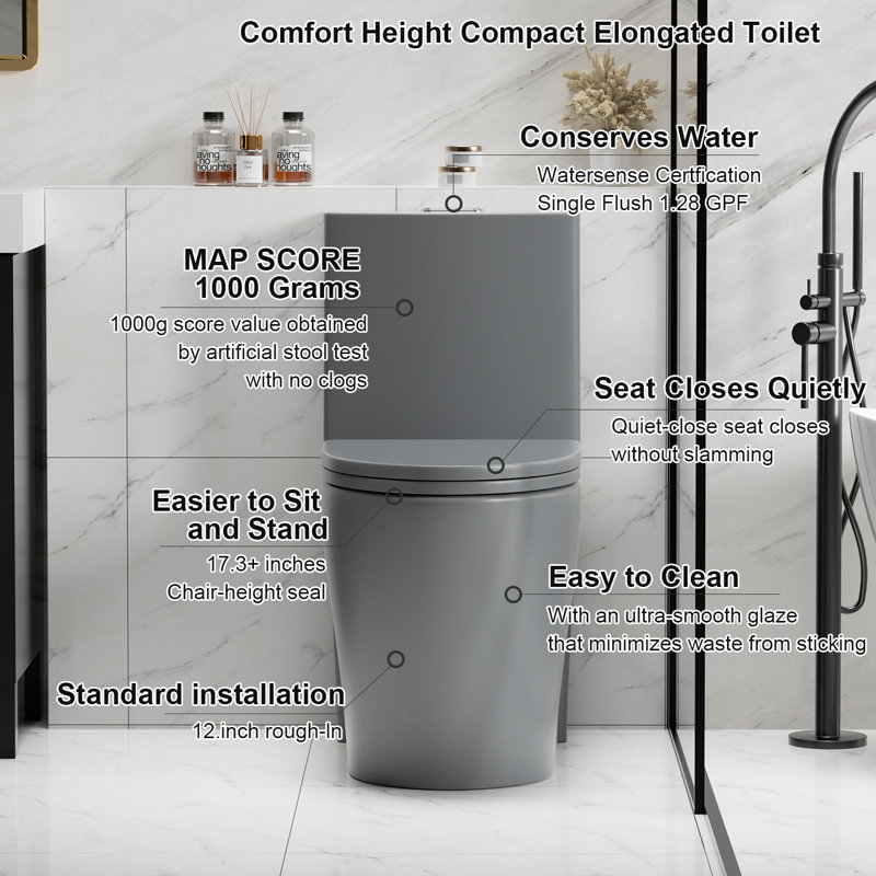 Toilette une pièce Alvantor, puissante toilette allongée à double chasse 1,1 / 1,6 GPF, siège à fermeture douce gris