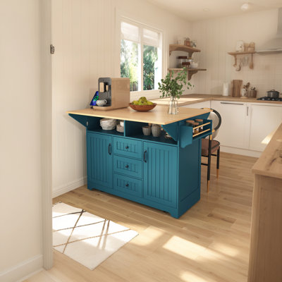 55.7" Rolling Kitchen Island with Power Outlet & Drop Leaf Breakfast Bar, Large Storage Trolley with 3 Drawers & Spice Rack by Lark Manor