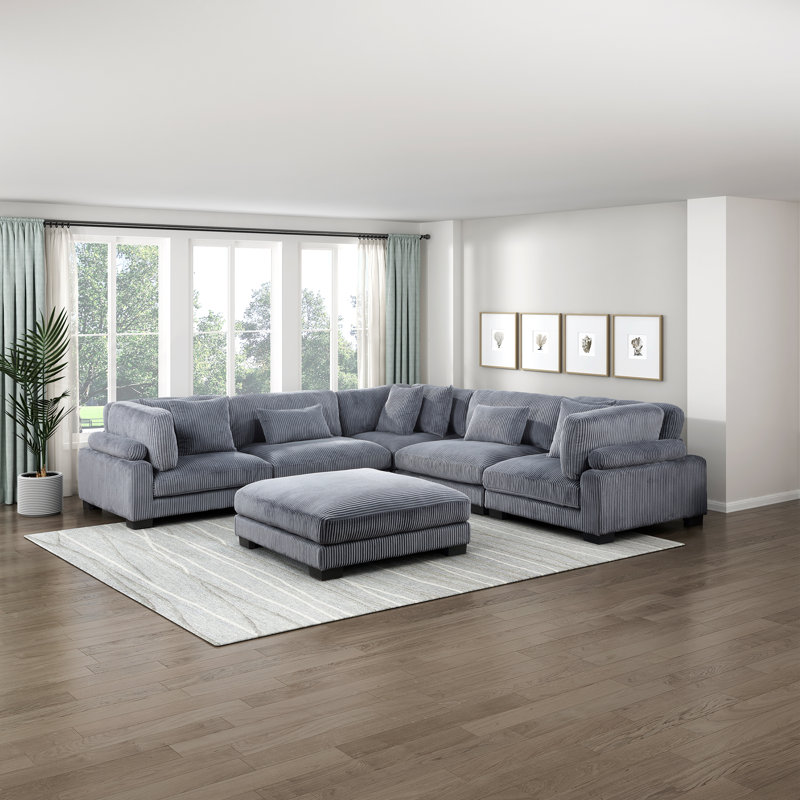 Brinsley 6-Piece 135" L-Shaped Modern Corduroy Modular Sectional with Pocket Coils, Gray Corduroy