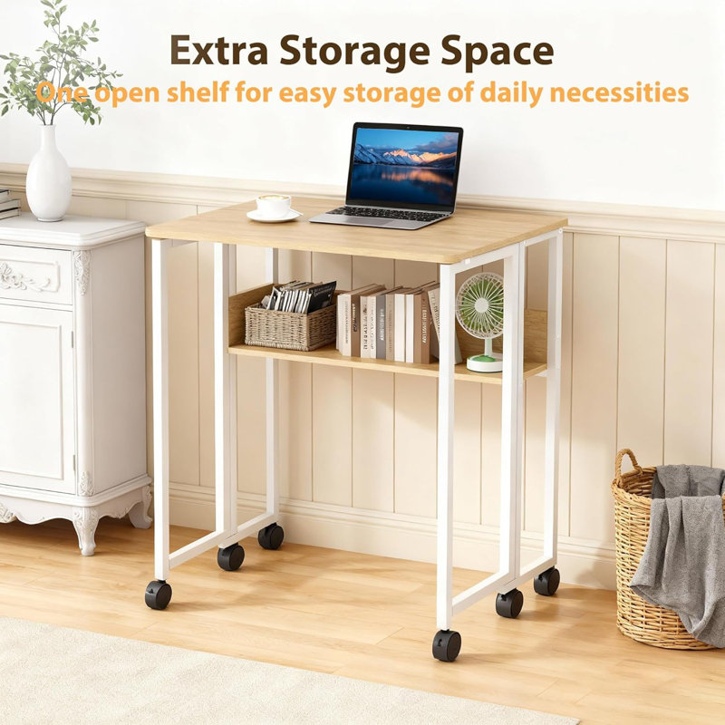 Folding Desk Small Rolling Desk with Storage Shelf and Wheels for Small Spaces, Beige, White