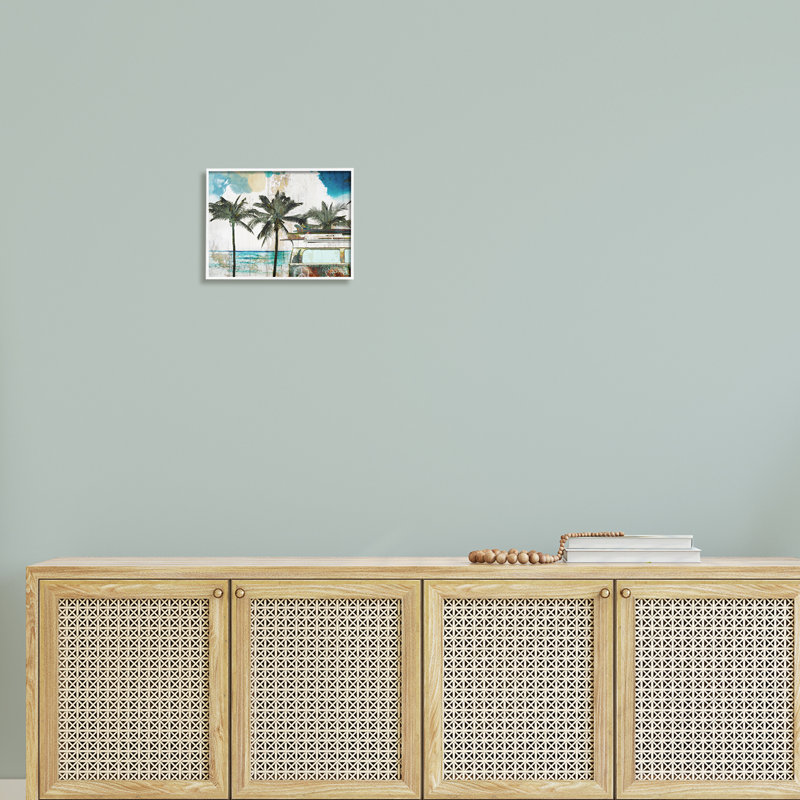 «Rustic Holiday Palm Trees», art mural texturé par Sophie 6, H 11 po x l 14 po x P 1,5 po, Giclée encadrée blanc bord de mer