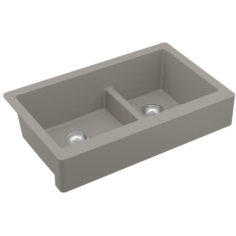 Karran Retrofit Farmhouse/Apron-Front Quartz Composite 34'' X 21-1/4'' 60/40 Double Bowl Kitchen Sink, Matte Concrete