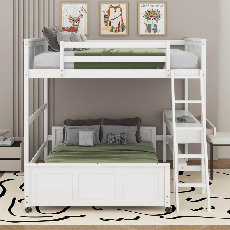 Lit superposé avec bureau, Lit superposé double sur double, Blanc
