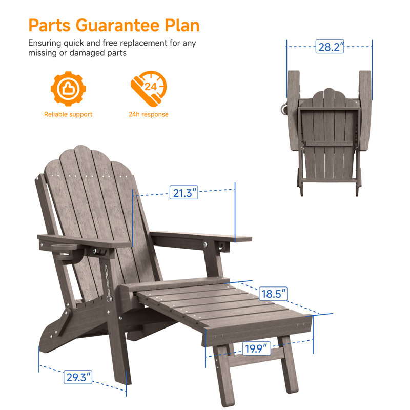  Folding Adirondack Chair with Retractable Ottoman, 3-Postion Adjustable Outdoor Chair, Easy Assembly & Ergonomic Back Support for Patio