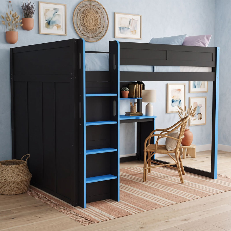 Lit mezzanine double avec bureau, armoire, étagères, éclairage DEL et port USB, échelle, Noir-bleu