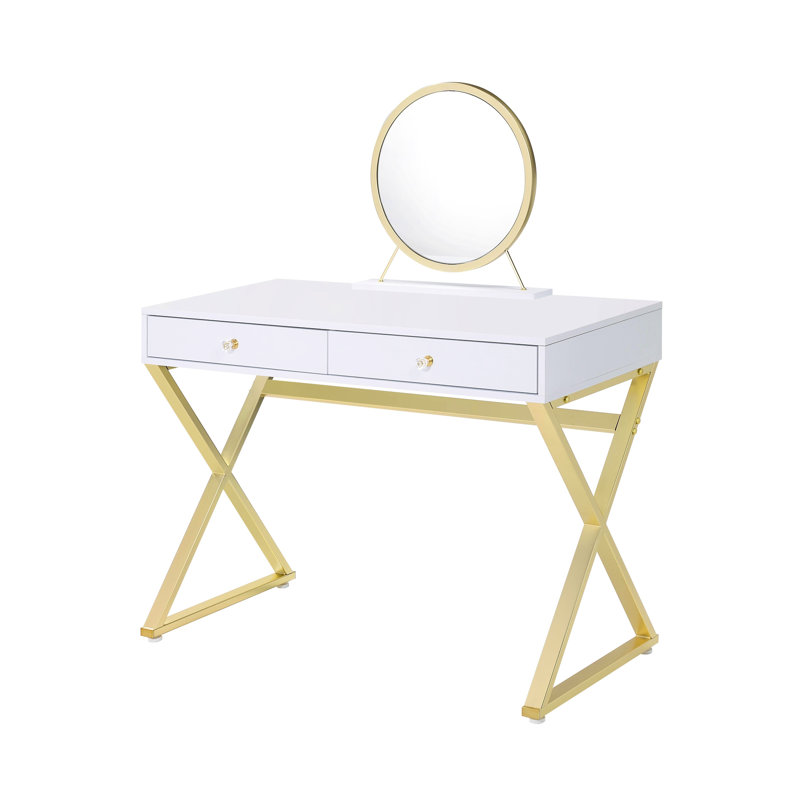 Bureau de meuble-lavabo rectangulaire avec ornements blancs et dorés, poignée en cristal, structure en métal, plateau à bijoux avec miroir, 2 poignées de tiroir, meuble-lavabo, miroir amovible, glissière à 2 ou 3 tiroirs