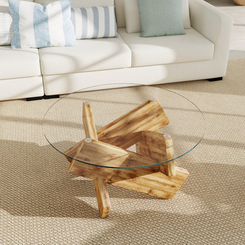 Round Tempered Glass Top Coffee Table With MDF Legs For Living Room Bedroom Home Office, Tan