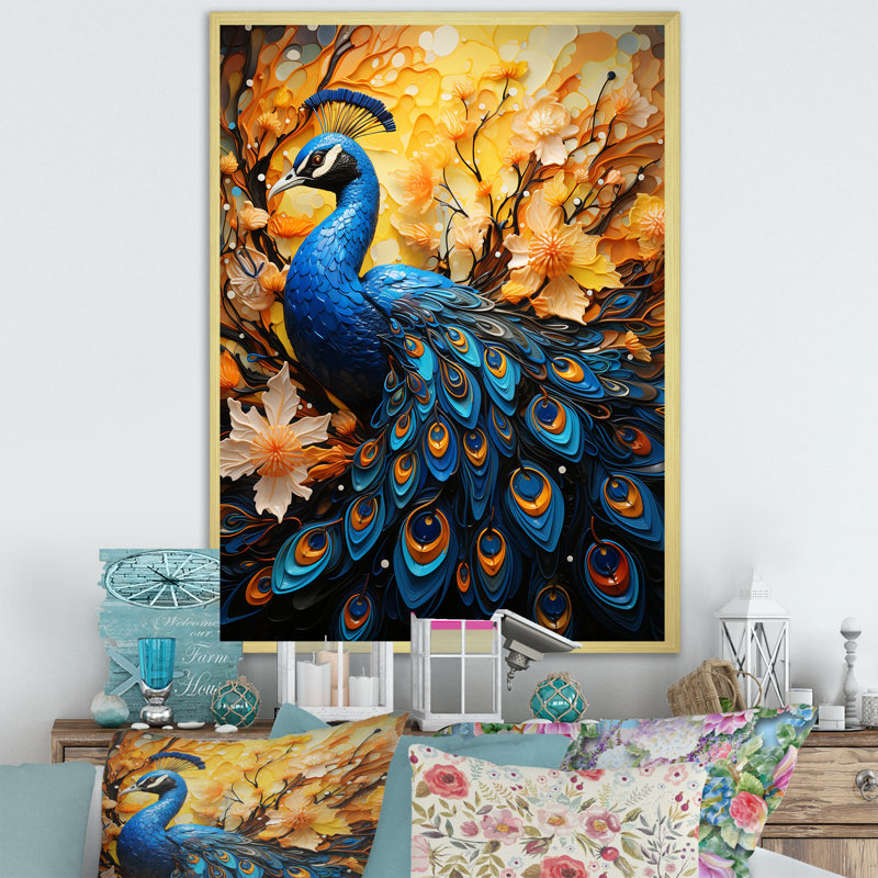 Majestic Flowerful Peacocks Harmony II sur toile, Cadre photo doré simple, H 32 po x l 16 po x P 1 po
