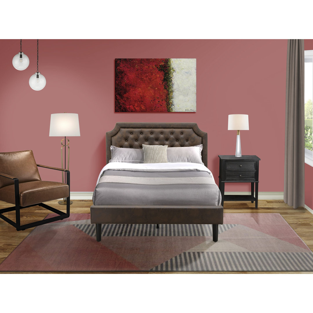 GBF-28-F Full Bed Consist Of Brown Textured Upholstered Headboard, Footboard And Wood Rails, Slats - Wooden 9 Legs - Black Finish Red Barrel Studio® 