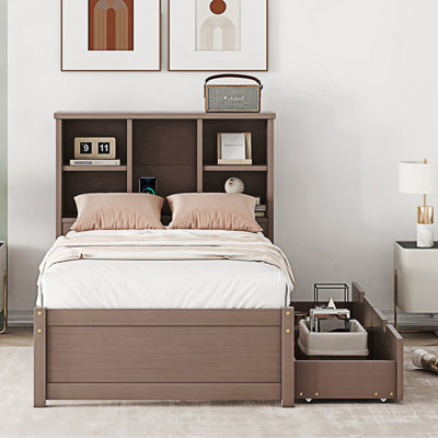 Modern Twin Size Bed Frame With Built-In Usb Port On Bookcase Headboard And 2 Drawers