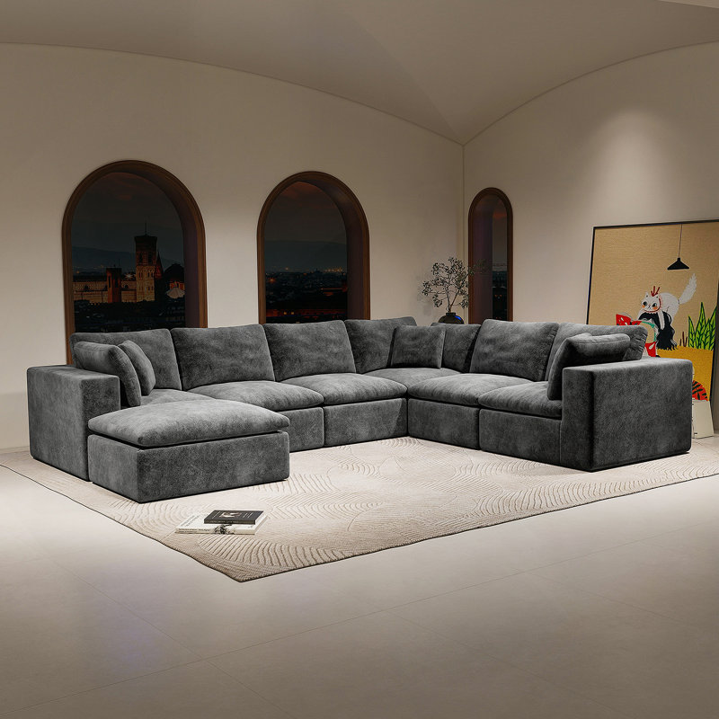Canapé modulaire 137,8 * 108,3 po, canapé rembourré et compressé pour le salon, la chambre à coucher, un appartement, aucun assemblage requis, combinaison libre de 7 pièces, tissu en velours côtelé moelleux, GRIS