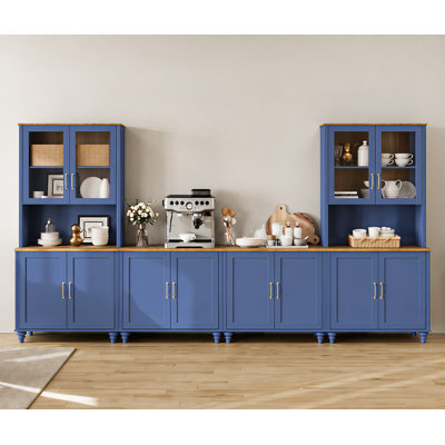Grand buffet, armoire de rangement de cuisine avec portes en bois, bibliothèque de bureau, étagère avec rangement, bibliothèque de style champêtre pour salon ou bureau, bleu, 345 cm