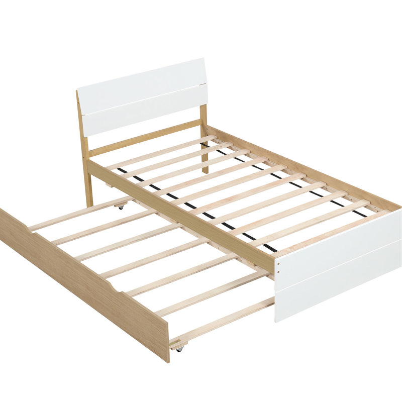 De lit simple et élégant avec lit gigogne fonctionnel en chêne blanc brillant pour chambre à coucher, compact, Lit simple