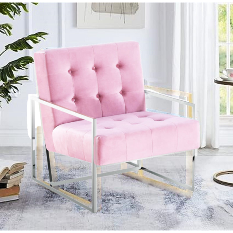 Chaise de salon rose avec velours et structure en acier inoxydable, 35 lb, H 30 po, l 22 po, P 31,5 po, Revêtement une pièce inclus, rembourrage en mousse