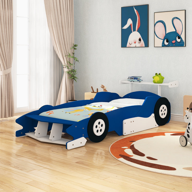 Lit plateforme simple avec roulettes, Bleu, Lit simple