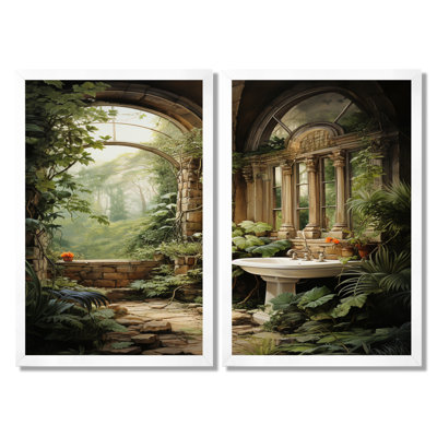 «Bathroom Natures Retreat» - ensemble de 2 reproductions d'art sur toile, ensemble d'humour vert