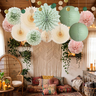 Paquet de 30 ensembles de décorations de fête en papier sauge vert rosé rose, nid d'abeilles et lanternes pour fiançailles