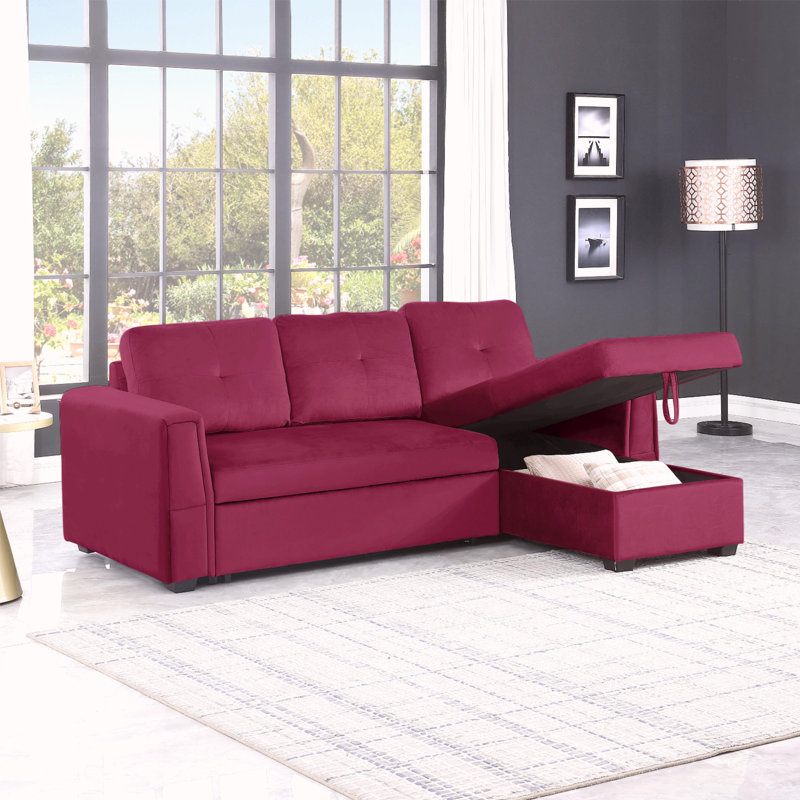 Upholstered L-Shaped Sectional Reversible, Red Silk