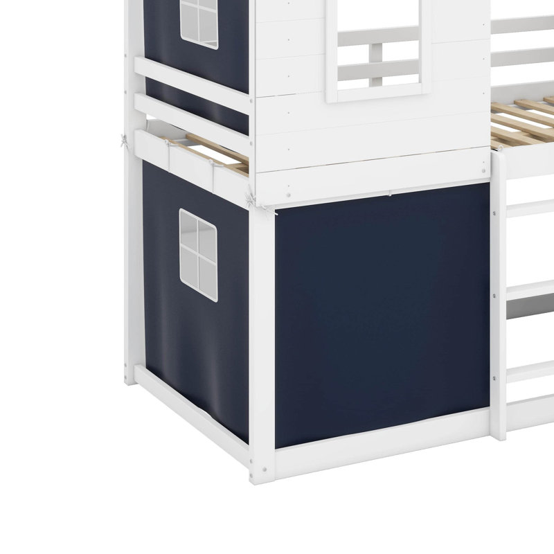 Lit double superposé en bois avec tente, Double, Bleu / blanc