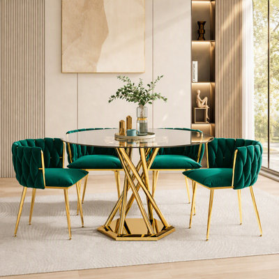 Ensemble de table de salle à manger ronde 47,2 "pour 4, 5 pièces, ensemble de table de salle à manger en verre trempé avec 4 chaises rembourrées en velours, pour cuisine, appartement