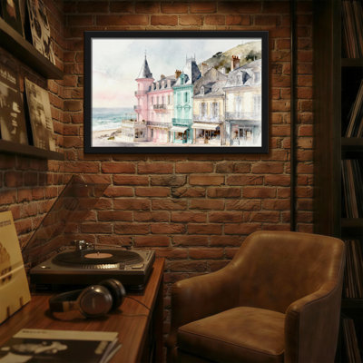 «Scenic & Cityscapes Watercolor Coastal Town Buildings», reproduction d'art