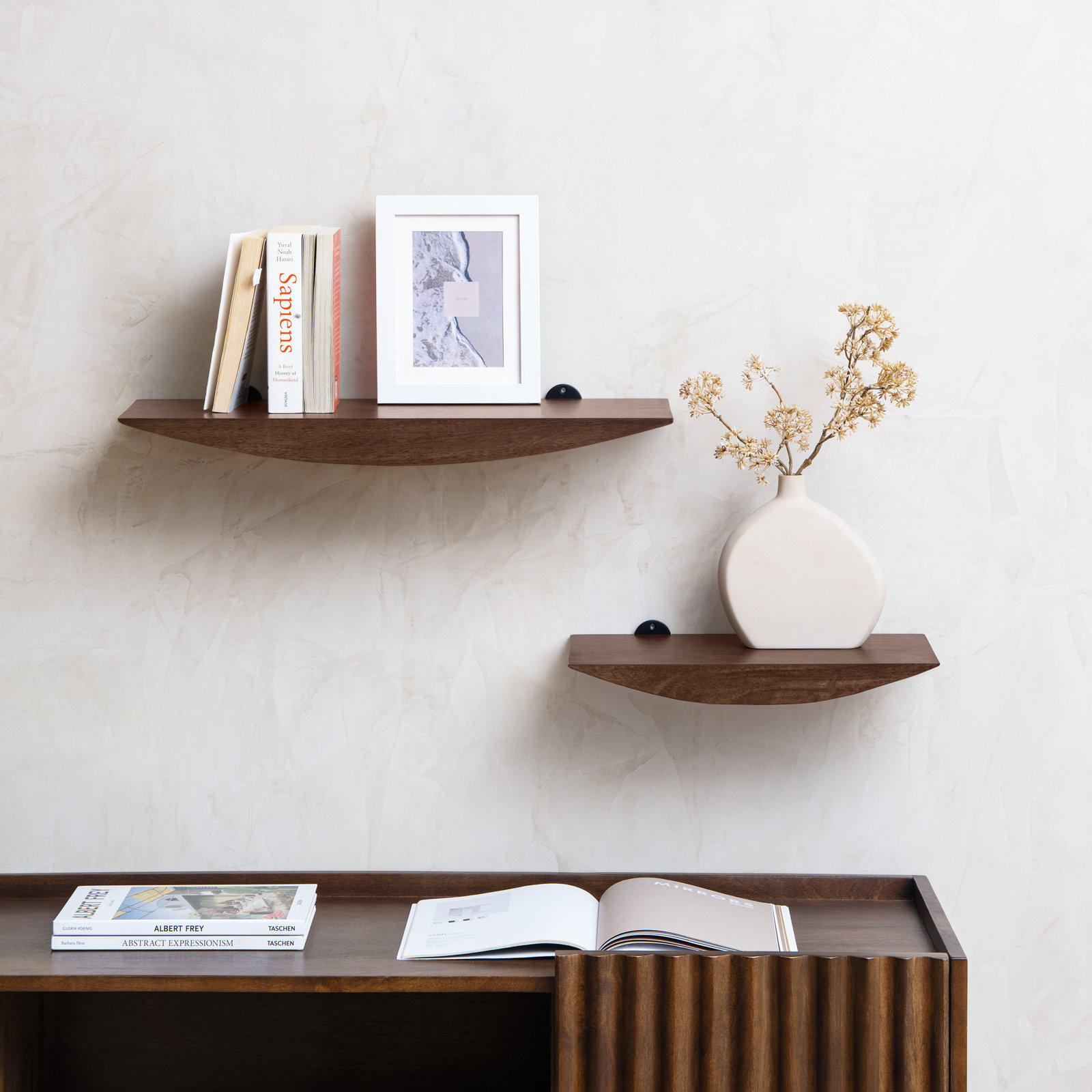 Oiva 2 Piece Boat Shaped Solid Wood Floating Shelves, Espresso