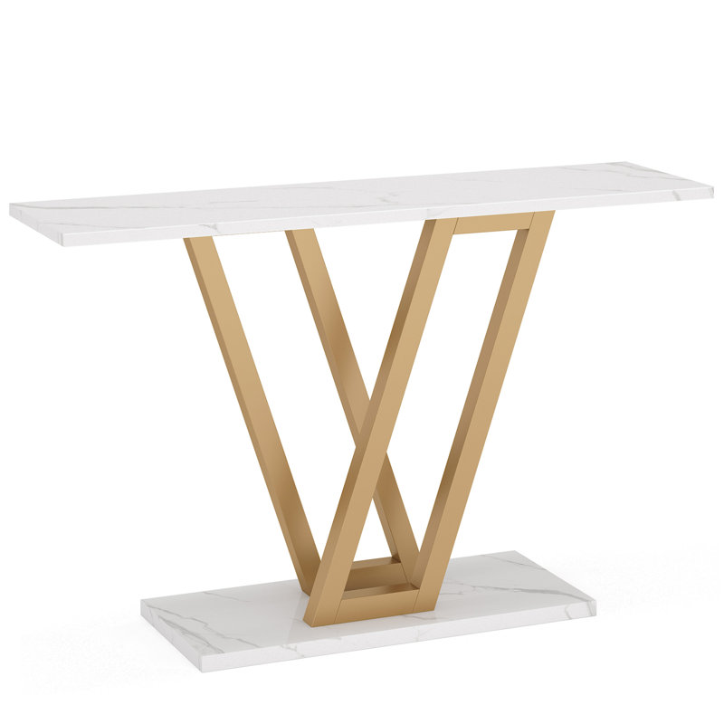 43” Modern Gold Console Table with Faux Marble Top, Narrow Entryway Table with V-Leg Metal Frame, Slim Sofa Table for Hallway, Living Room or Foyer, White & Gold