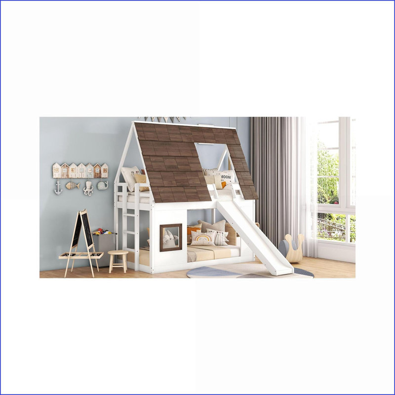 Lit superposé simple au-dessus d'un lit simple en bois de pin avec échelle de toit coulissant blanc et brun - peu encombrant, pas besoin de sommier