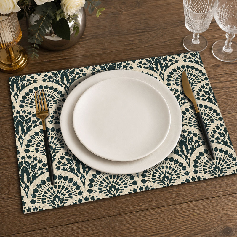 Polyester Floral and Vintage Look Rectangle Placemat, Green