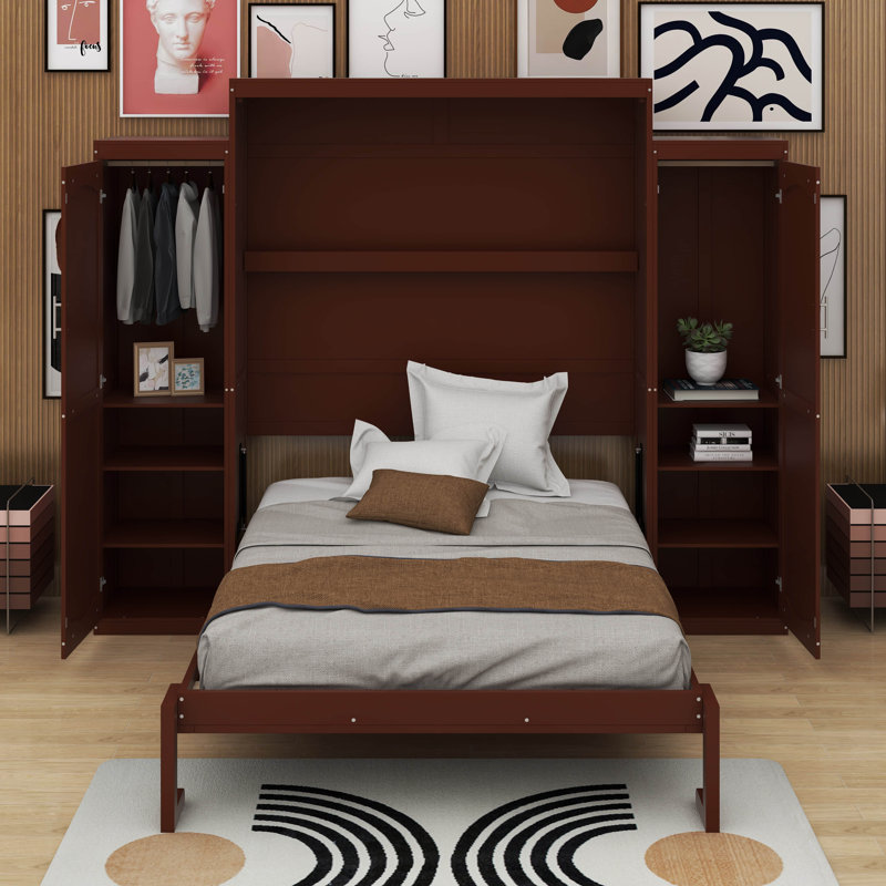 Grand lit escamotable avec garde-robe et tablette de rangement, Blanc, Grand lit