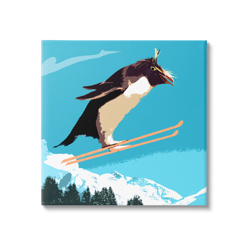 Pingouin qui skie au-dessus des arbres, illustration de sports d'hiver sur toile tendue surdimensionnée par Noah Bay am-975