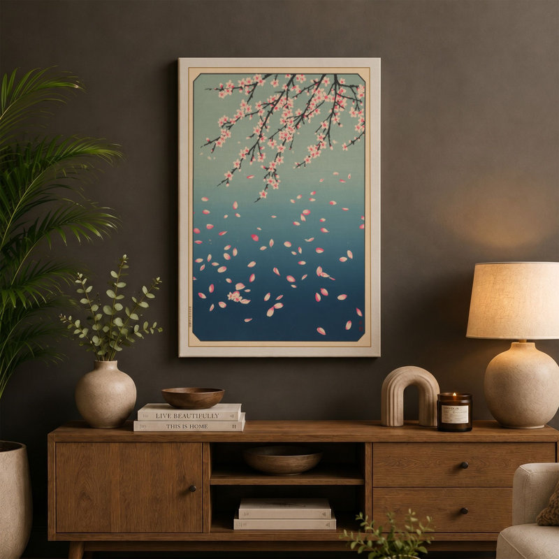 Moonlit Cherry Blossom Japandi - Wrapped Canvas, 18x12 - 45.7 x 30.5 cm, Terracotta Border