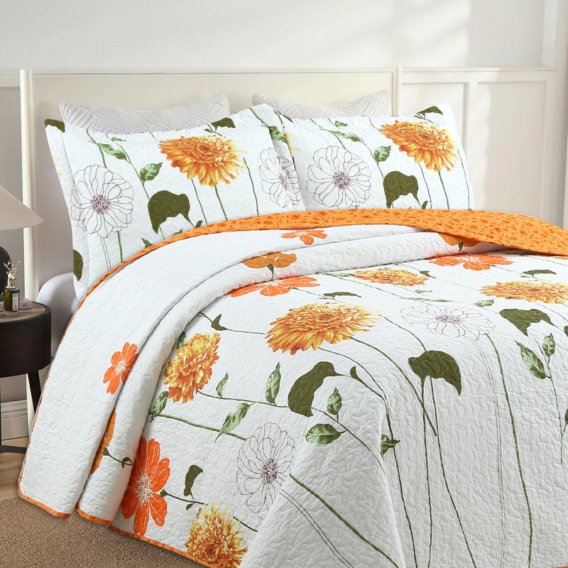 King Size Reversible Cotton Floral Quilt Bedspread Set