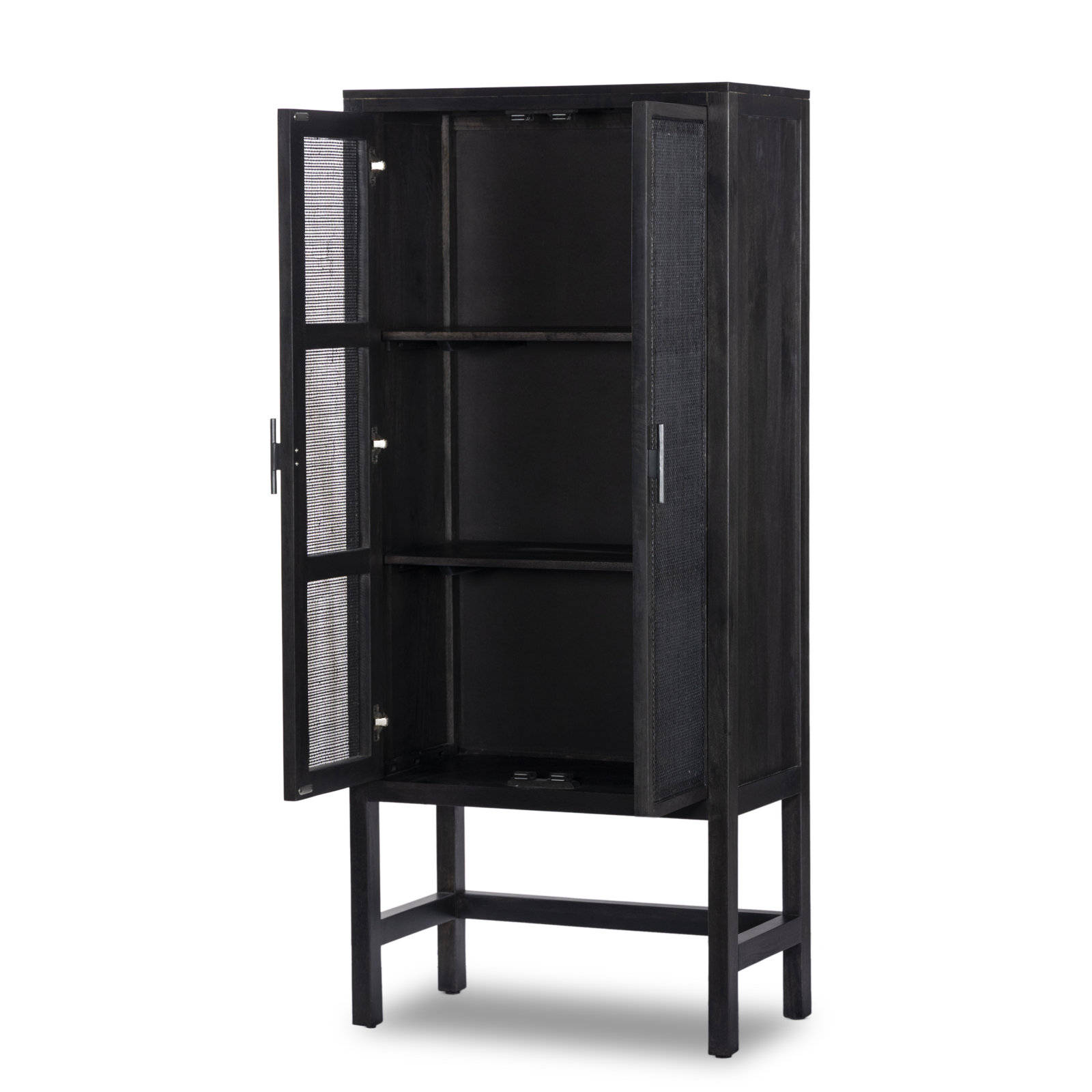 Boudreau Solid Wood Storage Cabinet, Black Wash Mango/Black Natural Cane