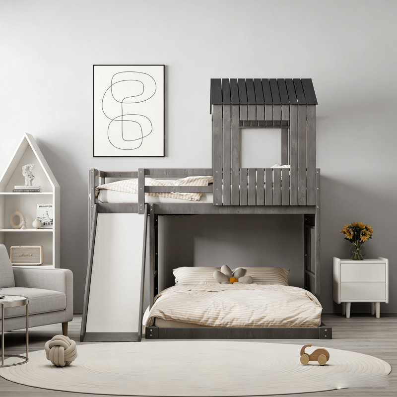 Lit superposé en bois en forme de L avec glissoire Harper, Gris antique, Simple sur double