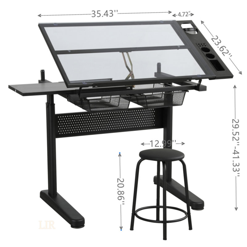 Hand Crank Adjustable Drafting Table With Tilt Function, Extended Desktop, And Two Metal Storage Drawers For Efficient Workspace Organization