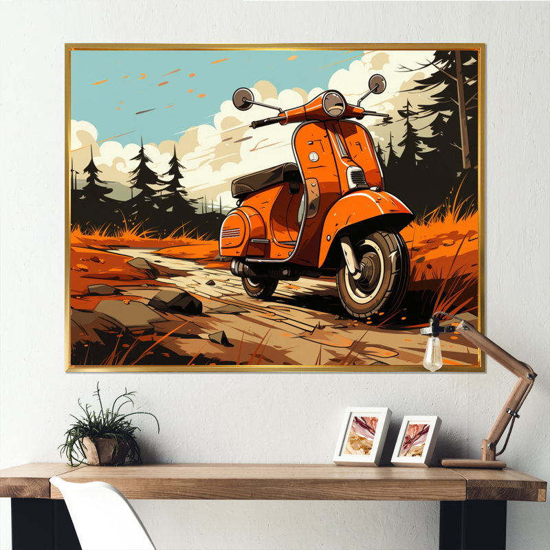 Coral Scooter In Country Retro, reproduction d'art sur toile, Cadre flottant doré, H 34 po x l 44 po x P 1,5 po