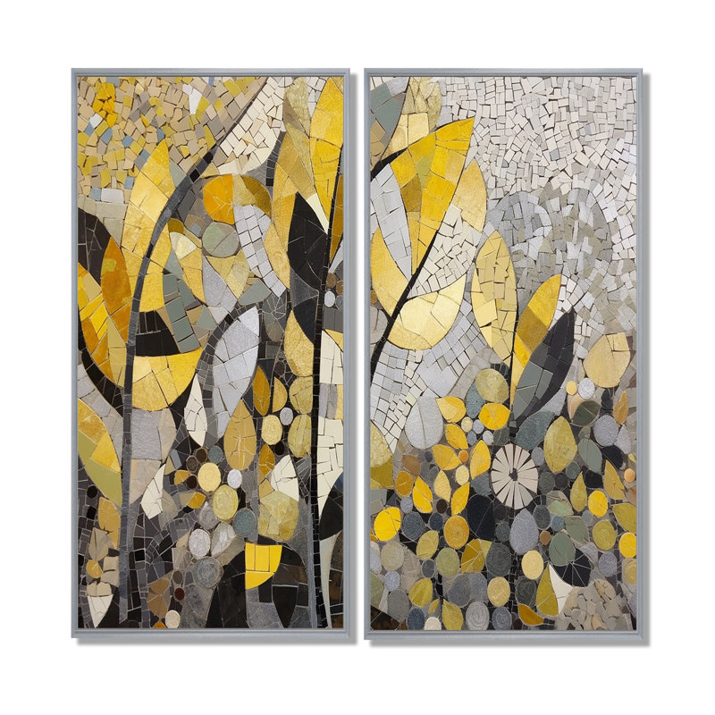 Motifs jaunes et gris en fusion artistique - art mural jaune, H 32 po x l 32 po, Impression encadrée flottante, Argent argent