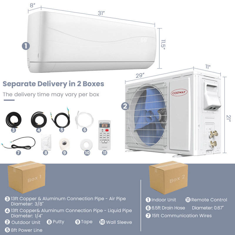 Costway 12000 BTU Ductless Mini Split Air Conditioner for 750 Square Feet with Heater and Remote Included