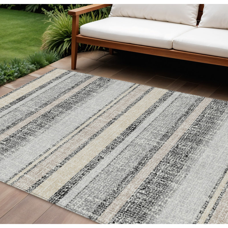 9' X 12' Black And Silver Striped Washable Indoor Outdoor Area Rug, Rectangle 9' X 12'