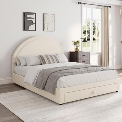 Queen Size Chenille Upholstered Bed Frame with Storage Drawer, Beige